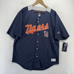 Detroit Tigers Baseball Jersey Men's Large Blue Orange Button Spellout Retro NEW